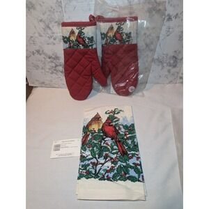 Vintage Stevens Linen Winter Splendor Cardinal Birds Oven Mitts & Kitchen Towel